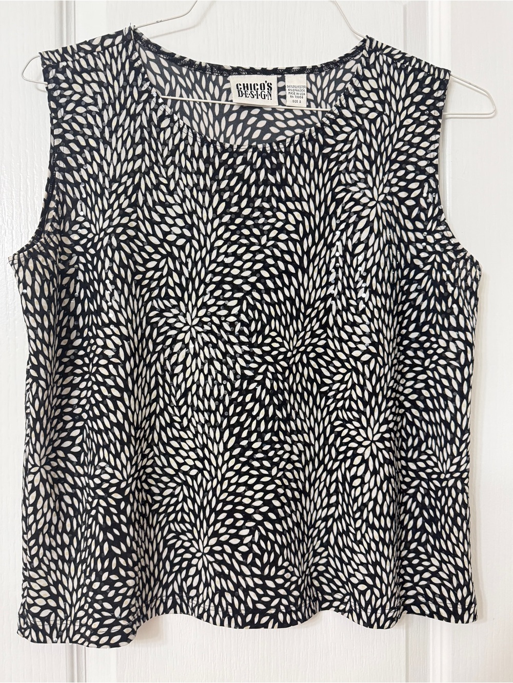 Chico's Design sleeveless top black white leaf floral clear sequins vintage 2